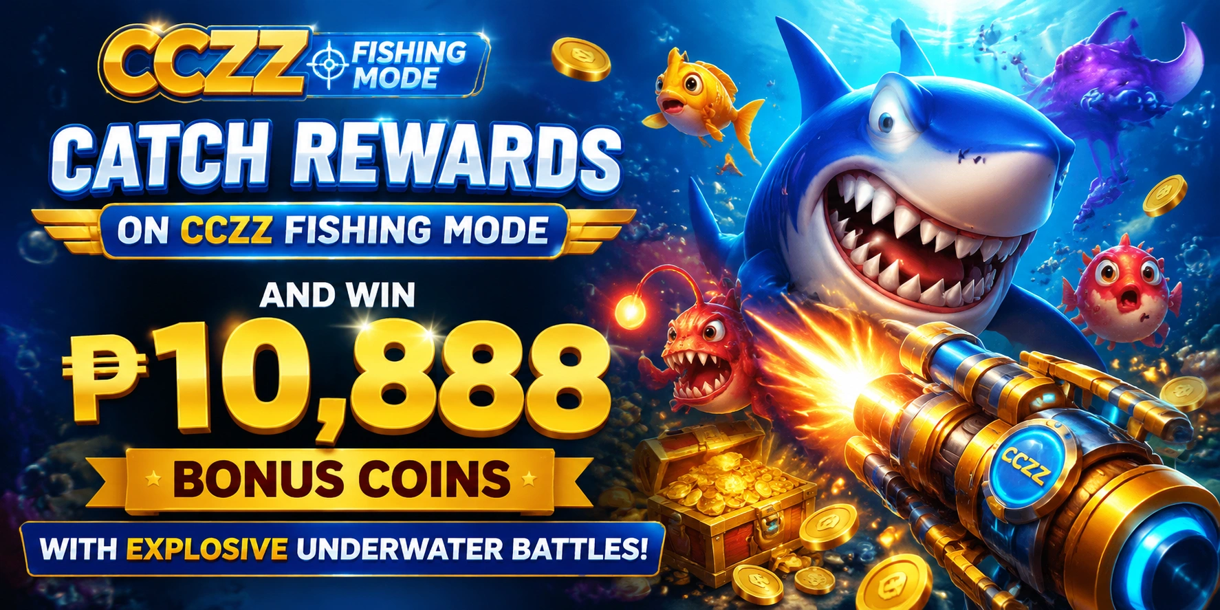 Fishing arcade scene showing fish targets and reward icons