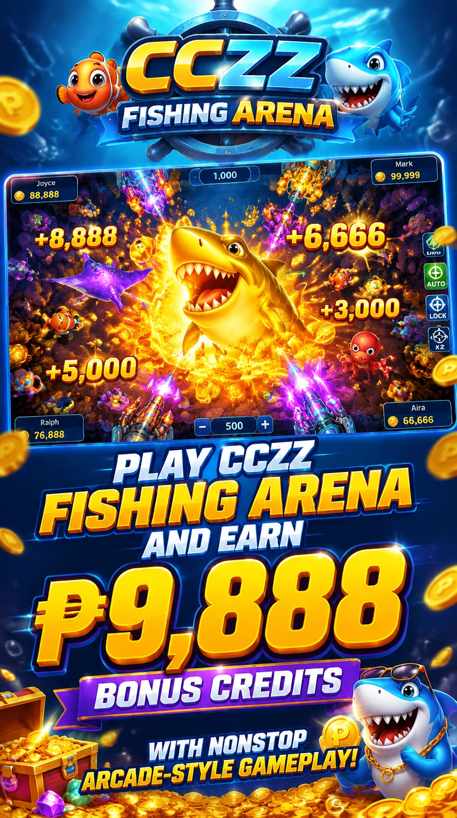 Ocean-themed fishing game artwork with bright arcade visuals