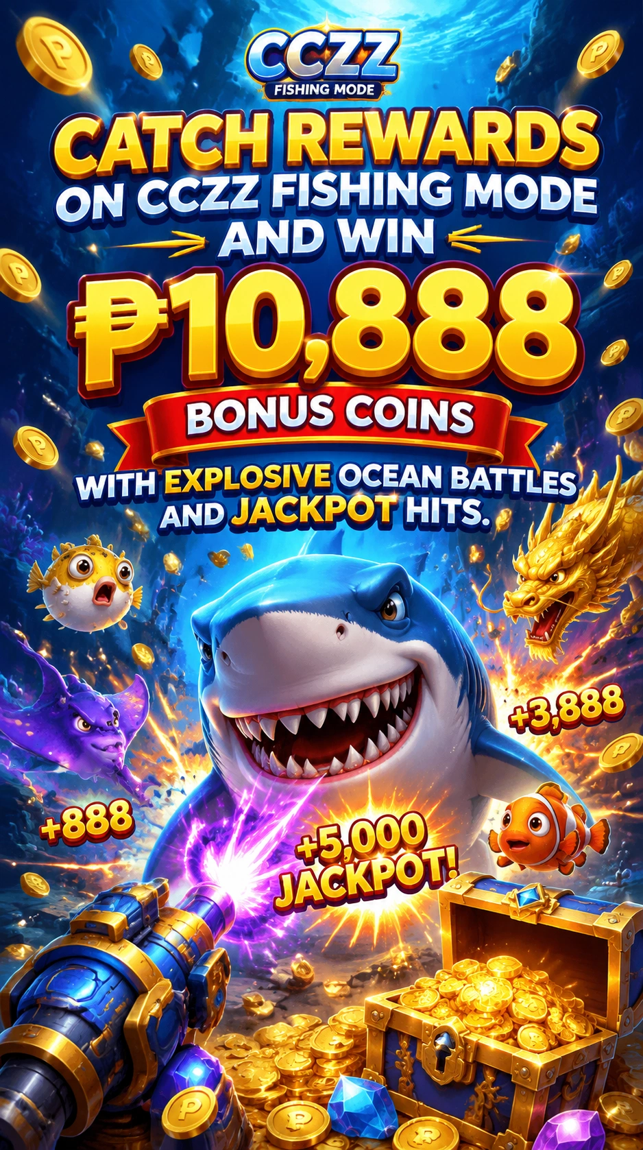 Fishing game screen with large sea creatures and arcade effects
