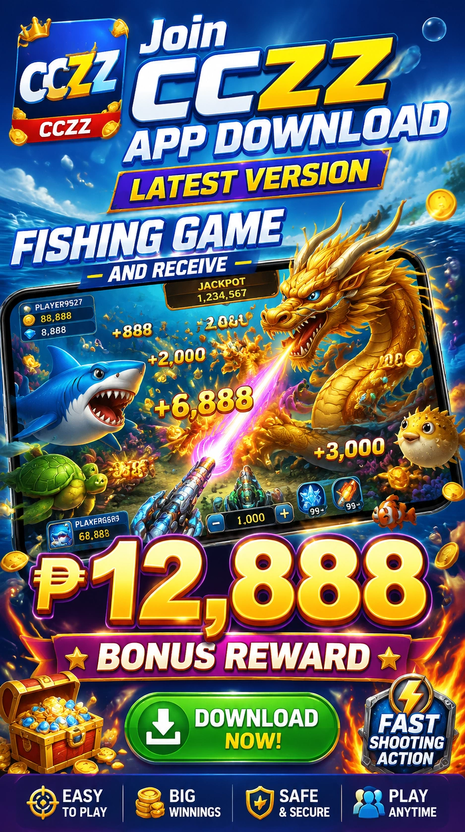 Dragon-themed fishing game with colorful underwater effects